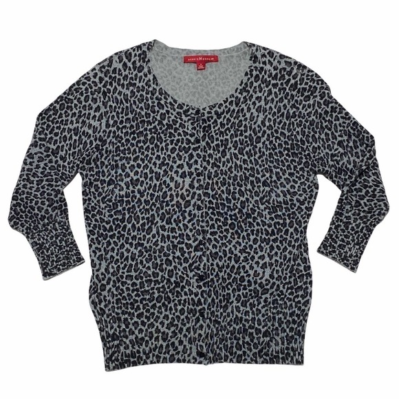 DEBBIE Morgan Gray Black Leopard Print V-Neck 3/4 Sleeve Pullover Sweater - Picture 1 of 12